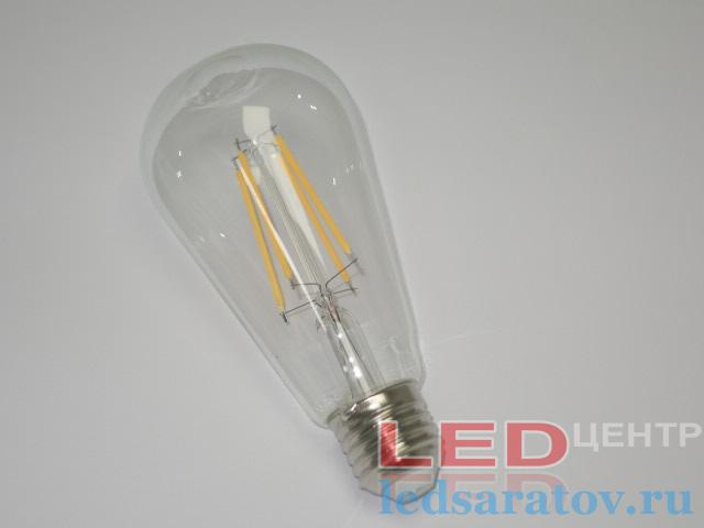Светодиодная Ретро лампочка ST64-8w, 2700k, E27, филамент, прозрачная