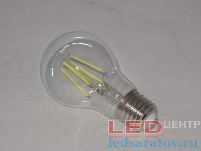 Светодиодная Ретро лампочка A60-6w, 6500k, E27, филамент, прозрачная