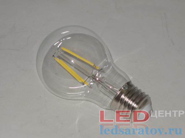 Светодиодная Ретро лампочка A60-6w, 4000k, E27, филамент, прозрачная