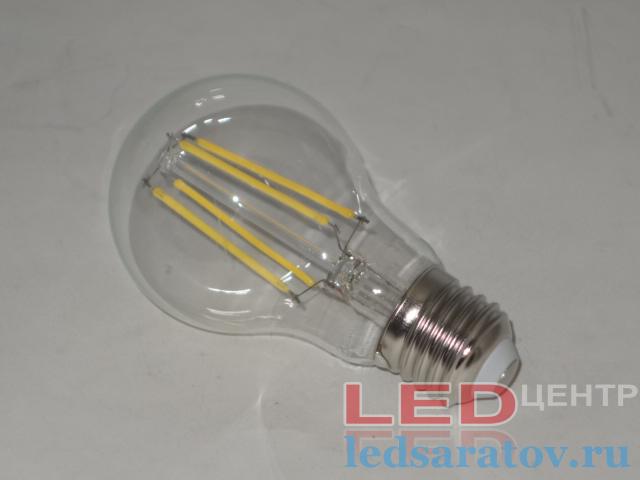 Светодиодная Ретро лампочка A60-8w, 4000k, E27, филамент, прозрачная