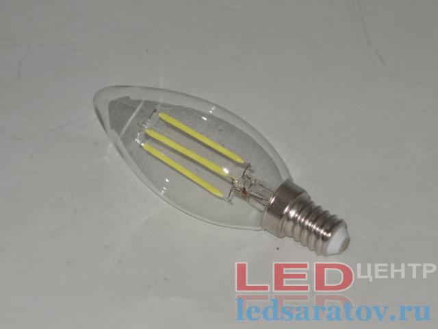 Светодиодная Ретро лампочка C35-4w, 6500k, E14, филамент, прозрачная