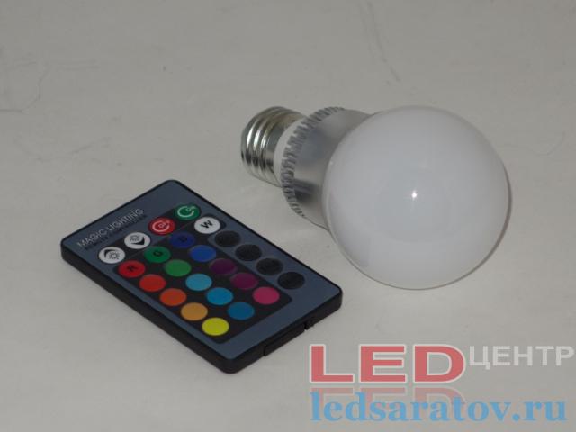 Лампочка светодиодная A60- 5w, RGB+ пульт, E27
