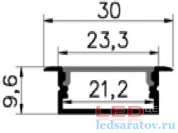 Профиль алюминиевый врезной PXG205-1B+бел.рассеиватель 30.2мм*9.6мм*3м, сереб. (цена за 1м)